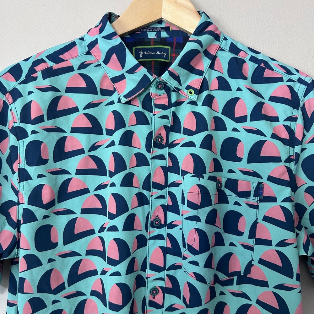 William Murray Golf Polo Shirt Mens Medium Teal Pink Geometric Print Performance